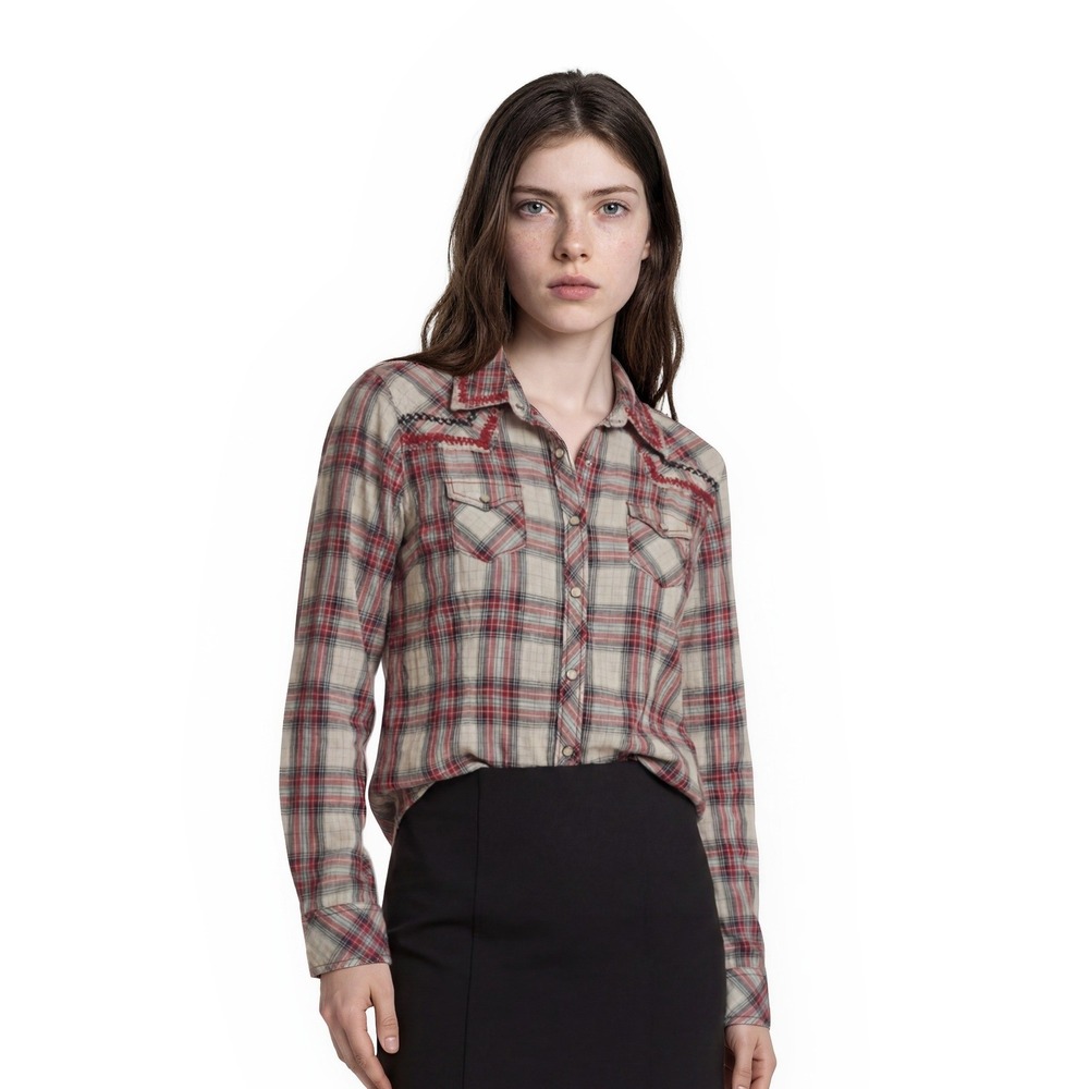 Ariat Western Shirt Women's Size Large Red Blue Plaid Pearl Snap